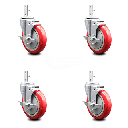 Service Caster 5 Inch Red Poly Wheel Swivel 7/8 Inch Square Stem Caster Set with Brake SCC SCC-SQ20S514-PPUB-RED-TLB-78-4